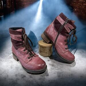 Dromedaris Women's Sz -EU40/US 9 Kara Boots Lace Up Red Crinkled Leather & Suede